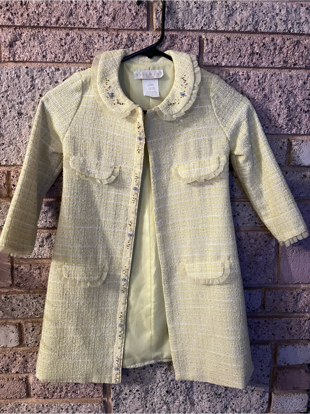 Biscotti Collezioni Girls Pastel Yellow Tweed Long Dress Coat / Jacket - Size 5